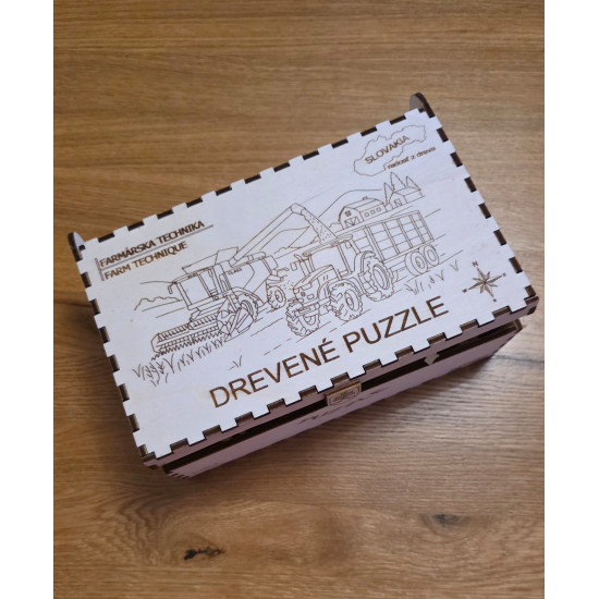 Farmárska technika - Drevené puzzle v krabičke
