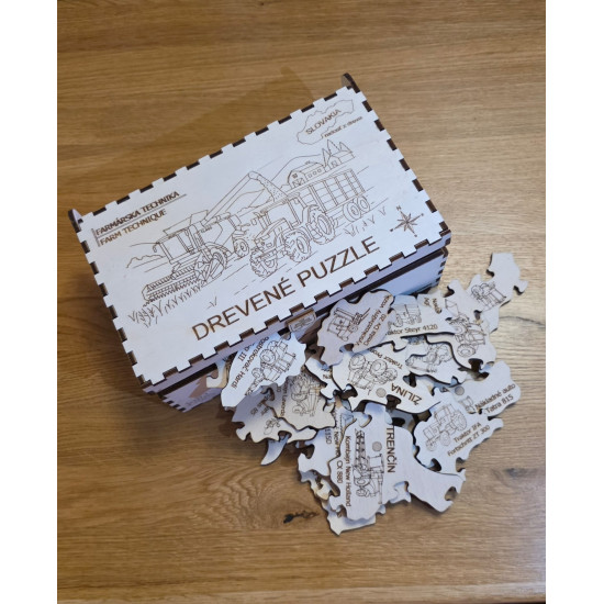 Farmárska technika - Drevené puzzle v krabičke