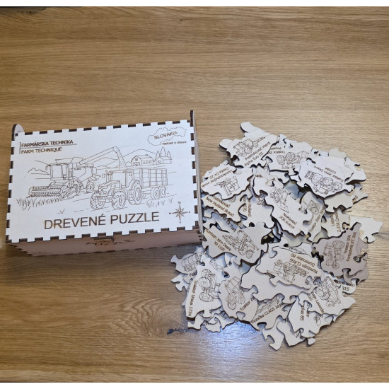 Farmárska technika - Drevené puzzle v krabičke