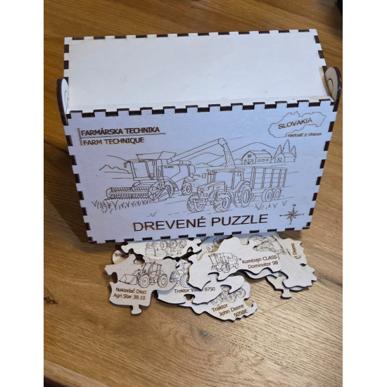 Farmárska technika - Drevené puzzle v krabičke